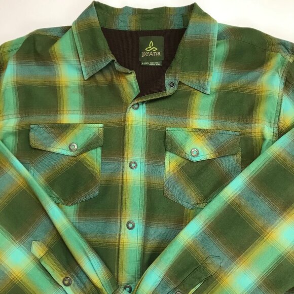 Prana Men XL 100% Organic Cotton Green Multi-Color Plaid Shirt - Picture 1 of 9